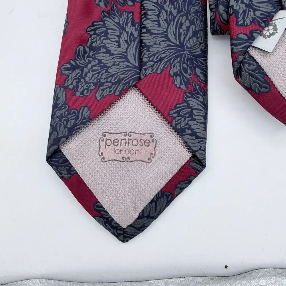Penrose London 100% Silk Tie Burgundy Gray Floral Made in England